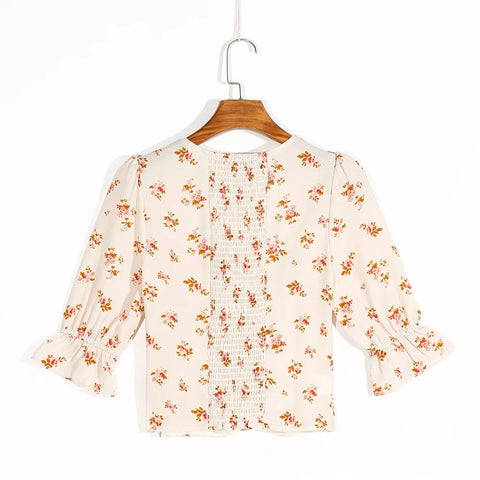 Sonicelife-Summer Tops Women Clothing Square Neck Flare Sleeve Shirred Vintage Blouses For Women Elegant Floral Print Chiffon Blouse Top