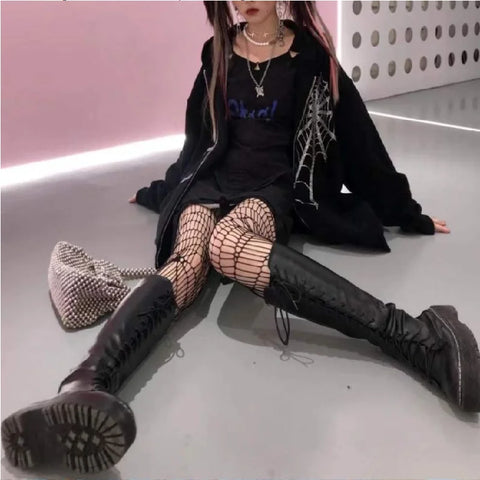 Back To School Sonicelife Y2K Gothic Rhinestone Spider Web Zipper Hoodies Women Harajuku Punk Oversized Sweatshirts Autumn Streetwear Loose Hooded Jacket