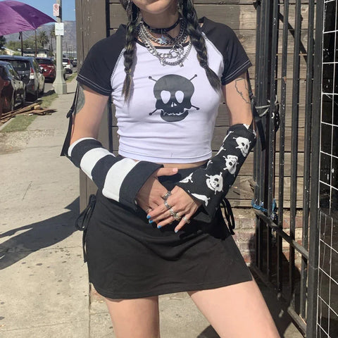 Sonicelife Punk Style T-shirt y2k Gothic Contrast Baby Tee with Detachable Reversible Arm Warmers Harajuku Grunge Crop Top Women