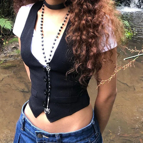 Sonicelife 2024 Fall Fashion Punk Style Gothic Jacket Vest Women Dark Academia Vintage Sleeveless Tank Top Fairycore Grunge Corset y2k Harajuku Retro Coat