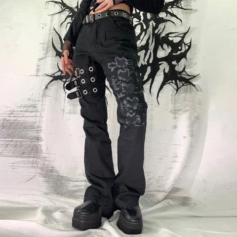 Sonicelife Punk Style Grunge Black Jeans y2k Bandage Cargo Pants Vintage Gothic Buckle Sweatpants Women Long Trousers Harajuku Streetwear