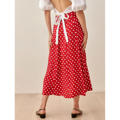 Sonicelife-Summer Skirts Womens 2024 Fashion Women Clothing A Line Casual Polka Dot Skirt High Waist Elegant Sexy Side Slit Midi Skirt