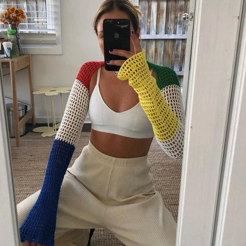 Sonicelife Sexy Crop Top Y2K Patchwork Crocheted Shawl Long Sleeves Mini Cover-ups Knitted Hollow Out T-shirt Women Fashion Streetwear