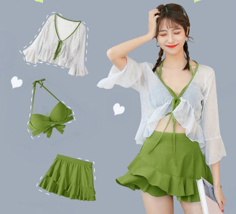 Sonicelife 3 Piece Bikini Set Korean 2024 Cute Swimsuit Women Underwire Ruffle A-Line Skirt High Waist Bikini Cover Up See Through Bikinis