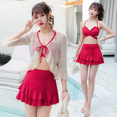 Sonicelife 3 Piece Bikini Set Korean 2024 Cute Swimsuit Women Underwire Ruffle A-Line Skirt High Waist Bikini Cover Up See Through Bikinis