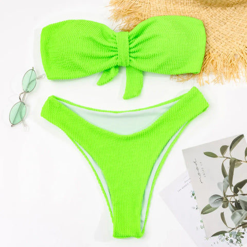 Sonicelife High Waist Bandeau Bikini 2024 Sexy Women Swimsuit Solid Swimwear Female Brazilian Thong Bikini set Bathing Suit