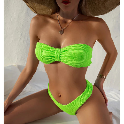 Sonicelife High Waist Bandeau Bikini 2024 Sexy Women Swimsuit Solid Swimwear Female Brazilian Thong Bikini set Bathing Suit