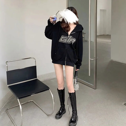 Back To School Sonicelife Y2K Rhinestone Zipper Hoodies Women Fashion Solid Letter Printed Sweatshirts 2024 Autumn Casual Oversized Vintage Streetwear Top