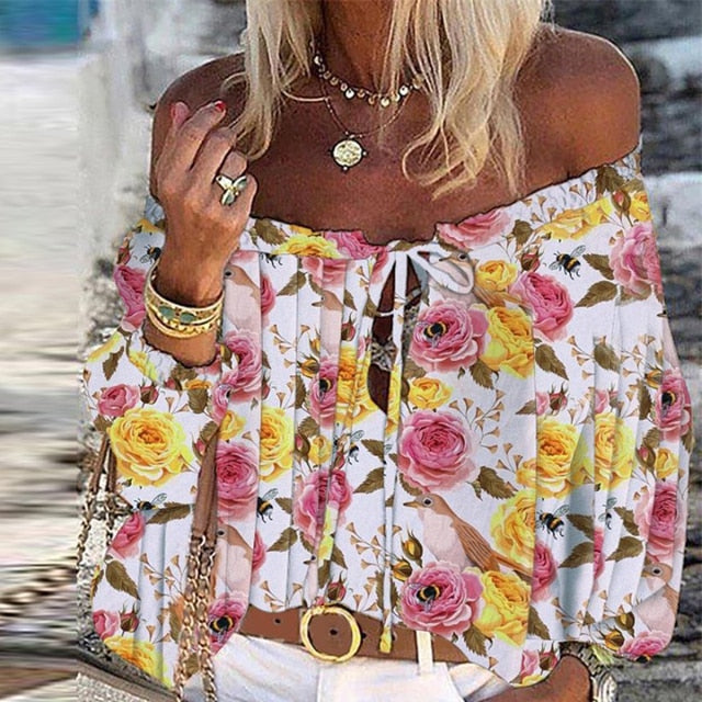 Sonicelife  2023 Summer Vintage Floral Print Boho Blouses Women  Off Shoulder Flare Sleeve Shirts Tops Elegant Lace-Up Tassel Chic Blusa 0508