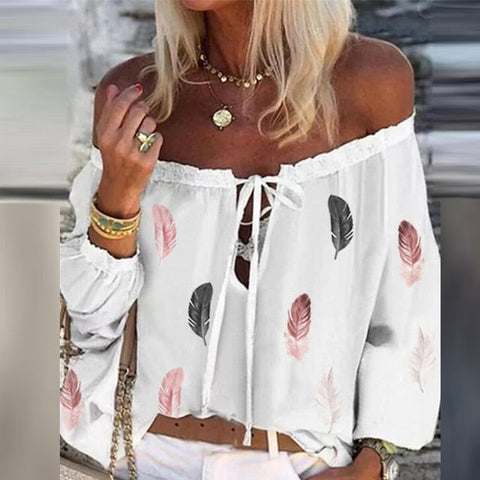 Sonicelife  2023 Summer Vintage Floral Print Boho Blouses Women  Off Shoulder Flare Sleeve Shirts Tops Elegant Lace-Up Tassel Chic Blusa 0508