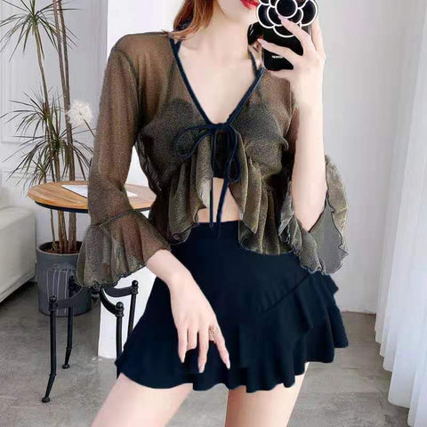 Sonicelife 3 Piece Bikini Set Korean 2024 Cute Swimsuit Women Underwire Ruffle A-Line Skirt High Waist Bikini Cover Up See Through Bikinis