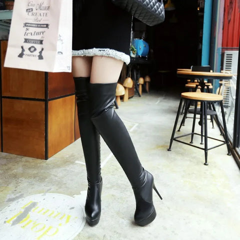 Sonicelife Women Over The Knee High Boots Winter Shoes Thin High Heel Pointed Toe Women Motorcycle  Boots Sexy Black White Brown Botas ghn5