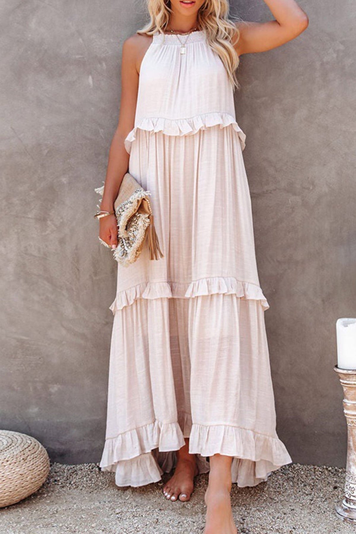 Sonicelife Halter Sleeveless Pleated Tiered Maxi Dress