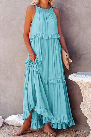 Sonicelife Halter Sleeveless Pleated Tiered Maxi Dress