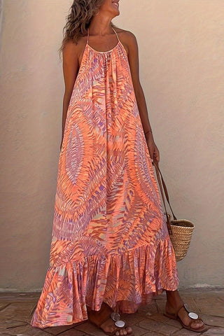 Sonicelife Halterneck Printed Ruffle Hem Beach Dress