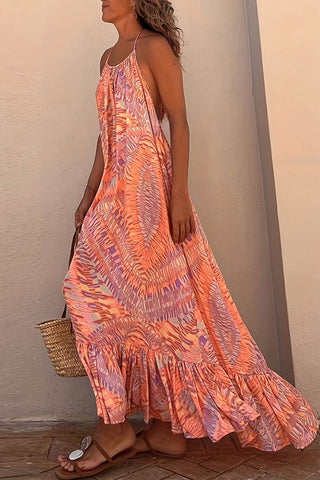 Sonicelife Halterneck Printed Ruffle Hem Beach Dress