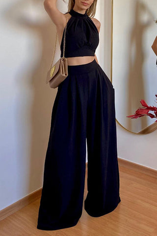 Sonicelife-Halterneck Backless Tie Crop Top Wide Leg Pants Set