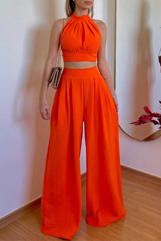 Sonicelife-Halterneck Backless Tie Crop Top Wide Leg Pants Set