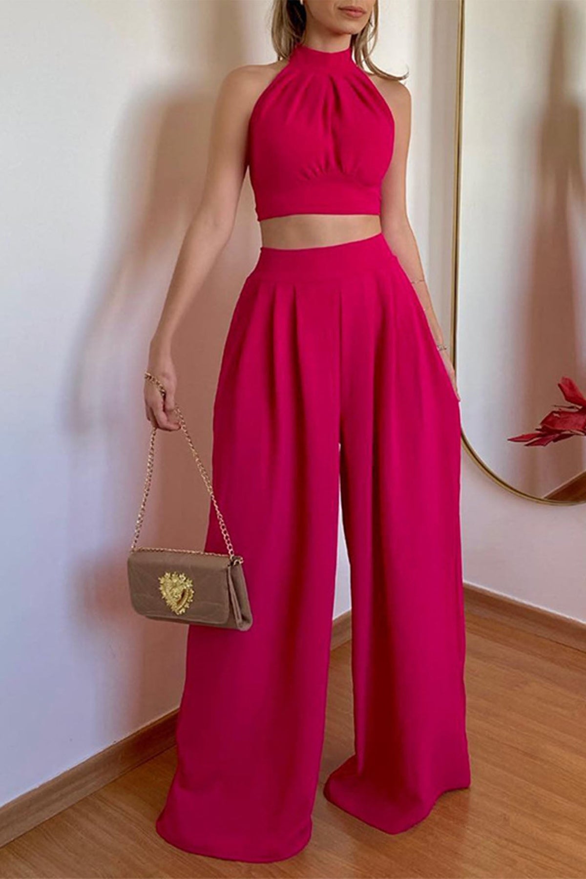 Sonicelife-Halterneck Backless Tie Crop Top Wide Leg Pants Set