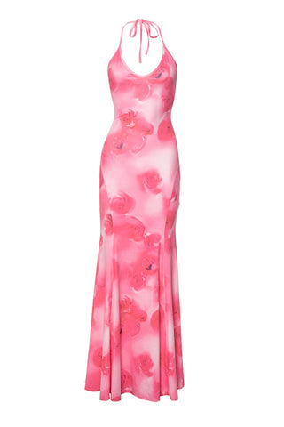 Sonicelife Halterneck Printed Backless Fishtail Maxi Dress