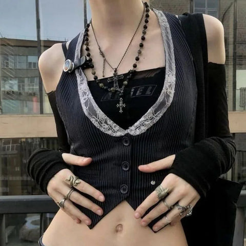 Sonicelife 2024 Fall Fashion Punk Style Gothic Jacket Vest Women Dark Academia Vintage Sleeveless Tank Top Fairycore Grunge Corset y2k Harajuku Retro Coat