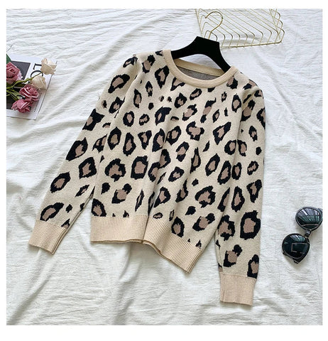 Sonicelife Knit Two Pieces Leopard Sweaters with Elastic Waist Trousers Set