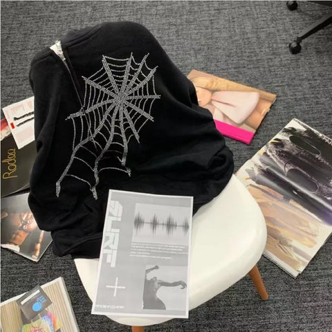 Back To School Sonicelife Y2K Gothic Rhinestone Spider Web Zipper Hoodies Women Harajuku Punk Oversized Sweatshirts Autumn Streetwear Loose Hooded Jacket