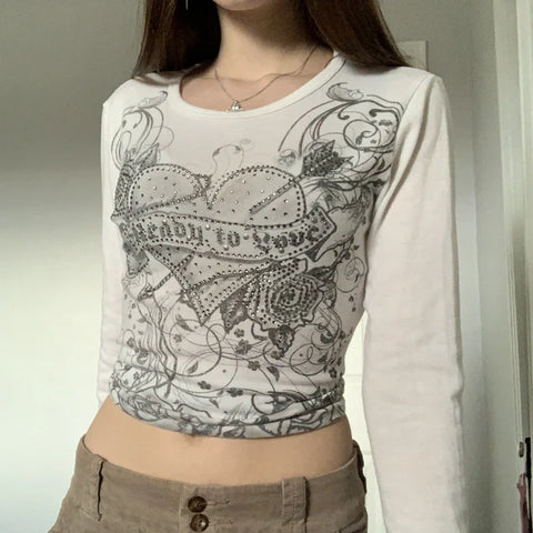 Sonicelife y2k Fairy Grunge Diamonds Graphic Print Crop Top Autumn Long Sleeve Slim Fit Pullovers Tees Women Vintage White Crop Top Clothes