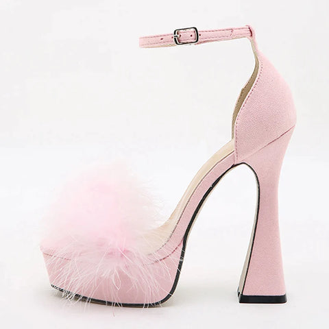 Sonicelife-Fashion Pink Feather Fluffy High Heels Platform Sandals Women Peep Toe Ankle Buckle Strap Elegant Wedding Dress Shoes Sandalias