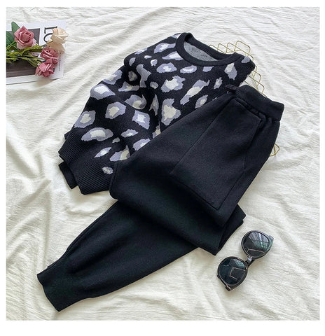 Sonicelife Knit Two Pieces Leopard Sweaters with Elastic Waist Trousers Set