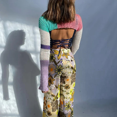Sonicelife Sexy Crop Top Y2K Patchwork Crocheted Shawl Long Sleeves Mini Cover-ups Knitted Hollow Out T-shirt Women Fashion Streetwear