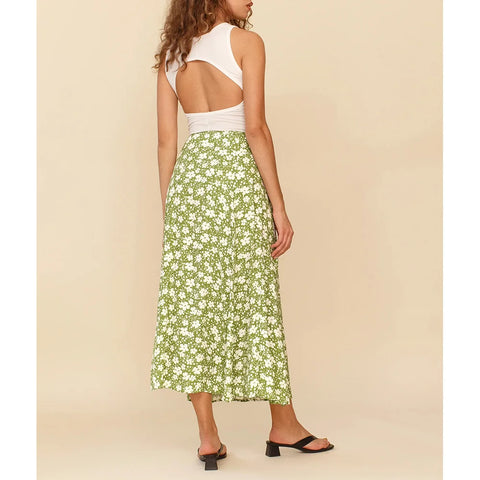 Sonicelife-Skirts Womens 2024 Summer Beach Style Vacation Floral Chiffon Skirt High Waist A Line Sexy Side Slit Elegant Midi Long Skirt