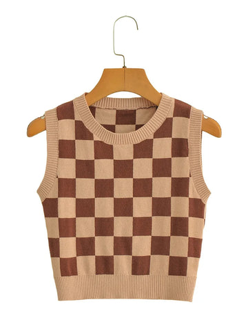 Sonicelife-Summer Tank Top Women Clothing 2024 Street Style Checkerboard Knitted Tops Crew Neck Sleeveless Slim Fit Sexy Crop Top Vest