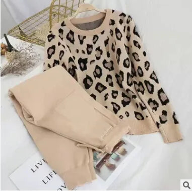 Sonicelife Knit Two Pieces Leopard Sweaters with Elastic Waist Trousers Set