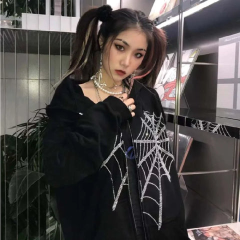 Back To School Sonicelife Y2K Gothic Rhinestone Spider Web Zipper Hoodies Women Harajuku Punk Oversized Sweatshirts Autumn Streetwear Loose Hooded Jacket