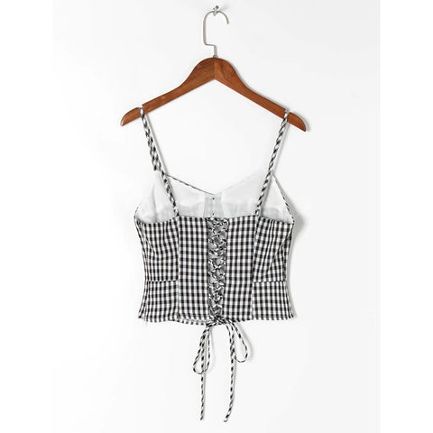 Sonicelife-Summer Tops Women 2024 Fashion Spaghetti Strap Front Button Casual Gingham Crop Top V Neck Sleeveless Back Lace Up Sexy Cami Top