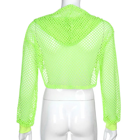 Sonicelife Neon Color Long Sleeve Short Mesh Hoodies Sexy Fishnet Cover Up Crop Tops Women Fashion Hollow Out Smocks for Lady Sporty Beach