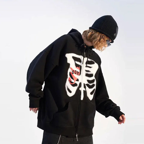 Back To School Sonicelife Harajuku Solid Color Retro Zip-up Y2K Anime Gothic Hoodies Korean Style Loose Skull Print Goth Grunge Long-sleeved Hooded Coats