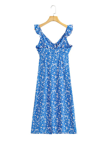 Sonicelife hoco dresses-Summer Women Beach Vacation Floral Maxi Dress With Slit Front Button Up V Neck Sleeveless Ruffle Strap Sexy Backless Long Dress