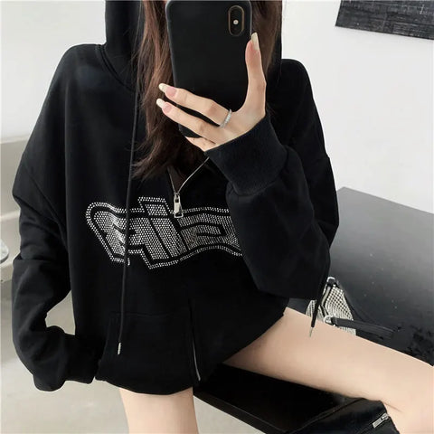 Back To School Sonicelife Y2K Rhinestone Zipper Hoodies Women Fashion Solid Letter Printed Sweatshirts 2024 Autumn Casual Oversized Vintage Streetwear Top