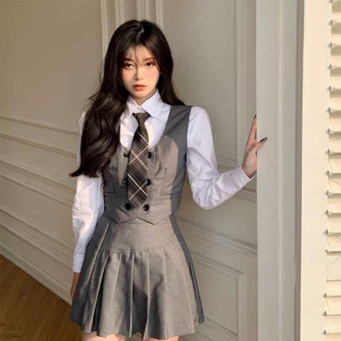 Sonicelife College Style Japanese Fashion Jk Suit School Uniform Girl Outfit Casual Vest Jacket Tie Pleated Skirt Shirt Slim Women 4Pcs 0508