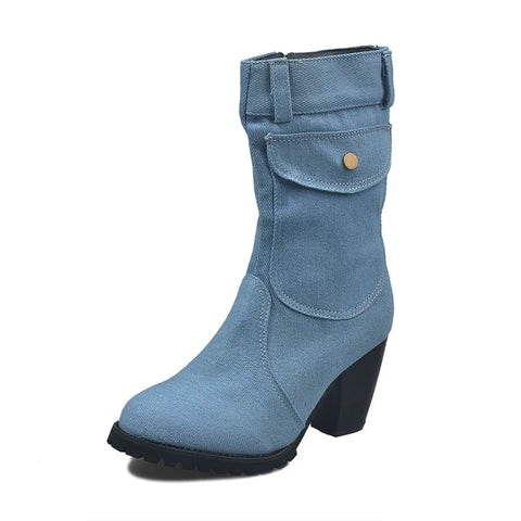 Sonicelife Autumn Winter Women Boots Denim Women Pointed Toe Cowboy Style High Heels Shoes Knee High Boots 2020