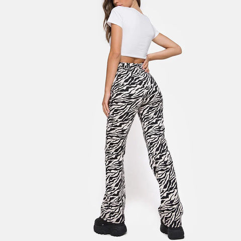 Sonicelife-Vintage Zebra Animal Print Pants Long Trousers 2024 Fashion Women Clothing Slim Fitting Flared Leg High Waist Streetwear Pants