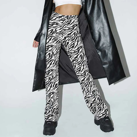 Sonicelife-Vintage Zebra Animal Print Pants Long Trousers 2024 Fashion Women Clothing Slim Fitting Flared Leg High Waist Streetwear Pants