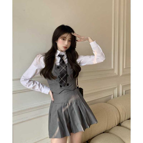 Sonicelife College Style Japanese Fashion Jk Suit School Uniform Girl Outfit Casual Vest Jacket Tie Pleated Skirt Shirt Slim Women 4Pcs 0508