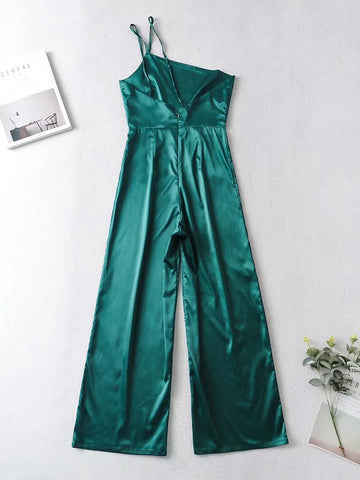 Sonicelife-Summer Jumpsuits Women 2024 Wide Leg Pants One Shoulder Elegant Stain Jumpsuit Sleeveless Strappy Backless Sexy Party Playsuit