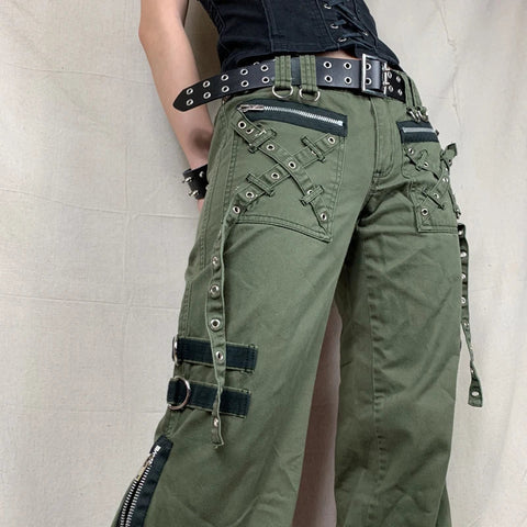 Sonicelife y2k Grunge Green Zipper Jeans Bandage Low Waist Cargo Pants Gothic Punk Baggy Retro Kawaii Trousers Women Korean Sweatpants