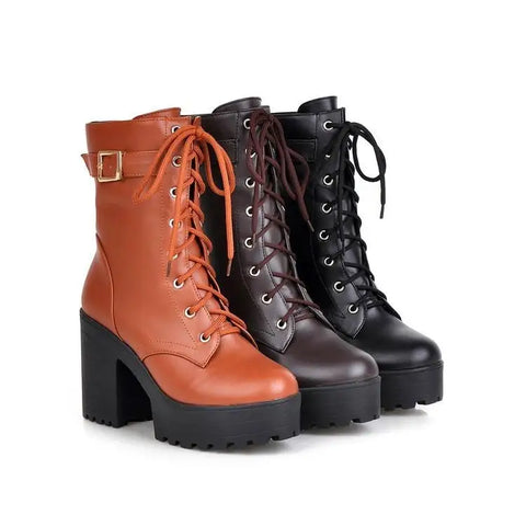 Sonicelife Spring Autumn Fashion Women Boots High Heels Platform Buckle Lace Up Leather Short Booties Black Ladies Shoes Promotion 745