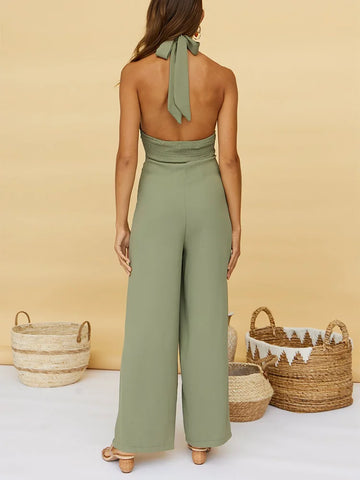 Sonicelife-Jumpsuit Women 2024 Crossover Halter Strap Sexy Backless Tie Party Jumpsuit Summer Playsuit Elegant Wide Leg Pants Jumpsuits