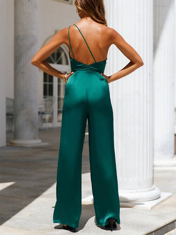 Sonicelife-Summer Jumpsuits Women 2024 Wide Leg Pants One Shoulder Elegant Stain Jumpsuit Sleeveless Strappy Backless Sexy Party Playsuit